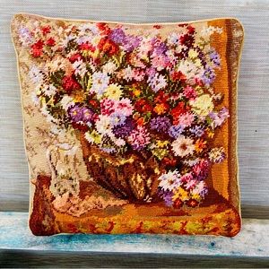 Gorgeous Vintage Floral Wool Needlepoint Pillow